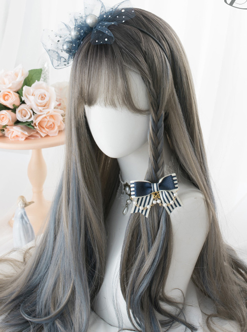 Gray Highlights Blue Gradient Long Curly Hair Classic Lolita Wigs