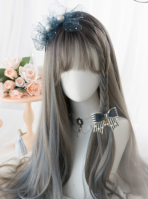 Gray Highlights Blue Gradient Long Curly Hair Classic Lolita Wigs