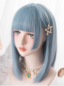 Harajuku Blue Medium Length Straight Hair Classic Lolita Wigs