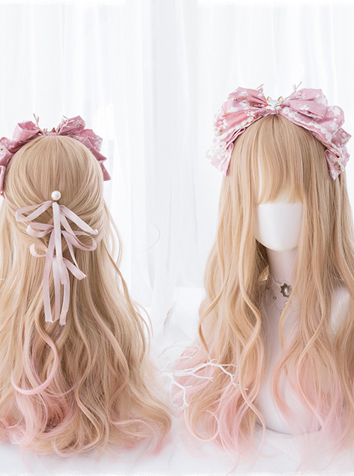 Orange-apricot Gradient Light Pink Sweet Lolita Long Curly Wigs