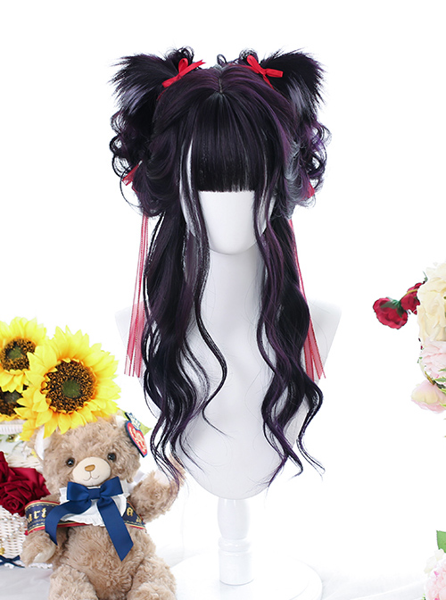 Purple Big Wavy With Cat Ears Long Curly Wig Gothic Lolita Wigs