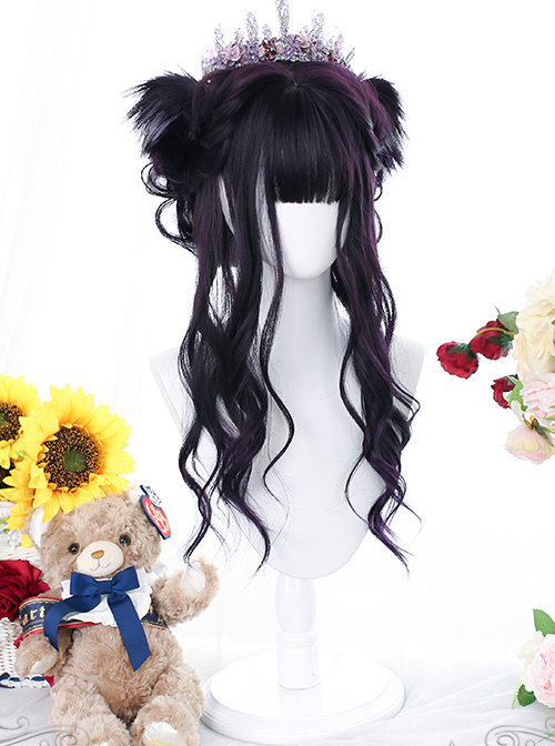 Purple Big Wavy With Cat Ears Long Curly Wig Gothic Lolita Wigs