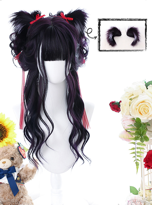 Purple Big Wavy With Cat Ears Long Curly Wig Gothic Lolita Wigs