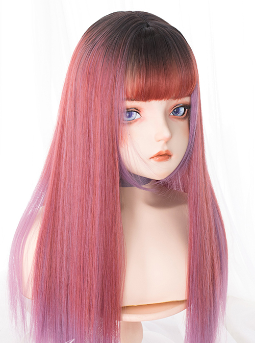 Strawberry Syrup Dark Pink Gradient Long Straight Wig Sweet Lolita Wigs