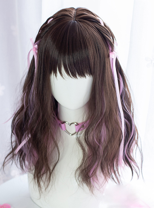 Sweet Cool Girl Dark Brown Pink Medium Length Curly Wig Sweet Lolita Wigs