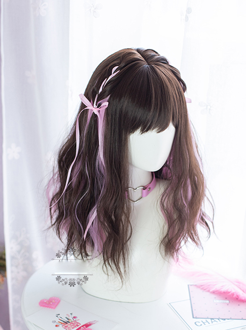 Sweet Cool Girl Dark Brown Pink Medium Length Curly Wig Sweet Lolita Wigs