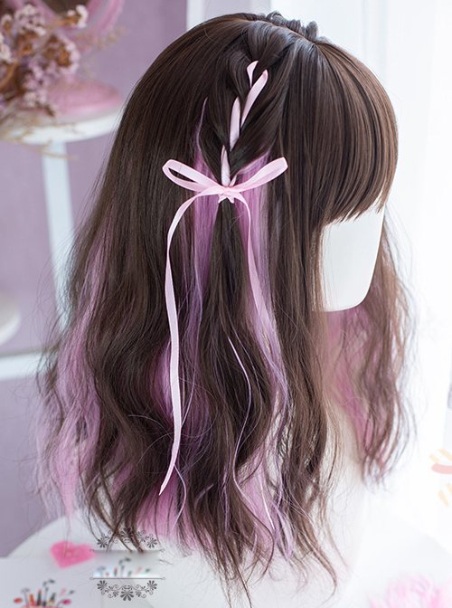 Sweet Cool Girl Dark Brown Pink Medium Length Curly Wig Sweet Lolita Wigs