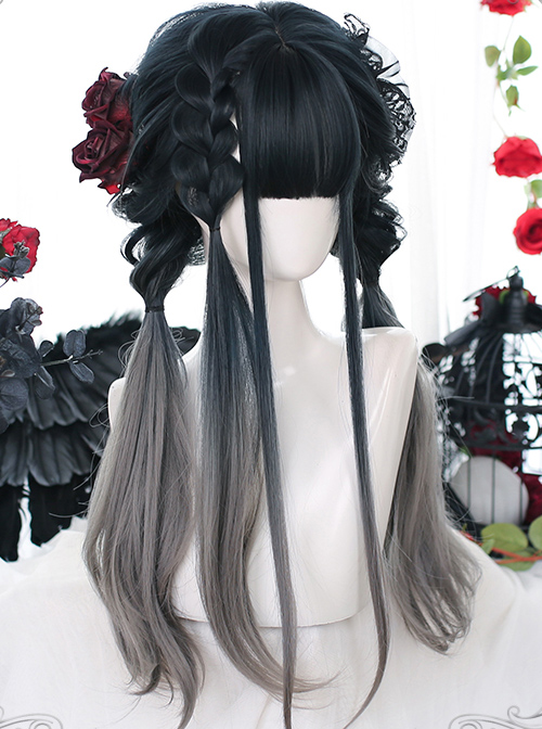 Slightly Curly Classic Lolita Indigo Gray Natural Gradient Long Wigs