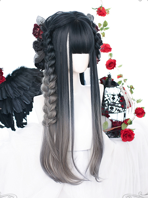 Slightly Curly Classic Lolita Indigo Gray Natural Gradient Long Wigs