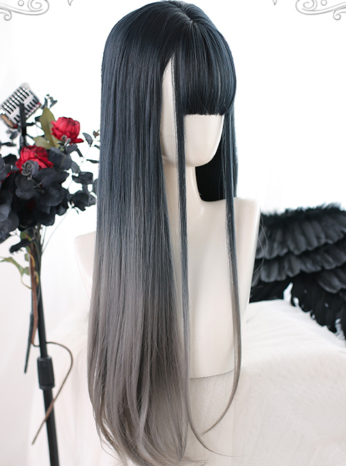 Slightly Curly Classic Lolita Indigo Gray Natural Gradient Long Wigs