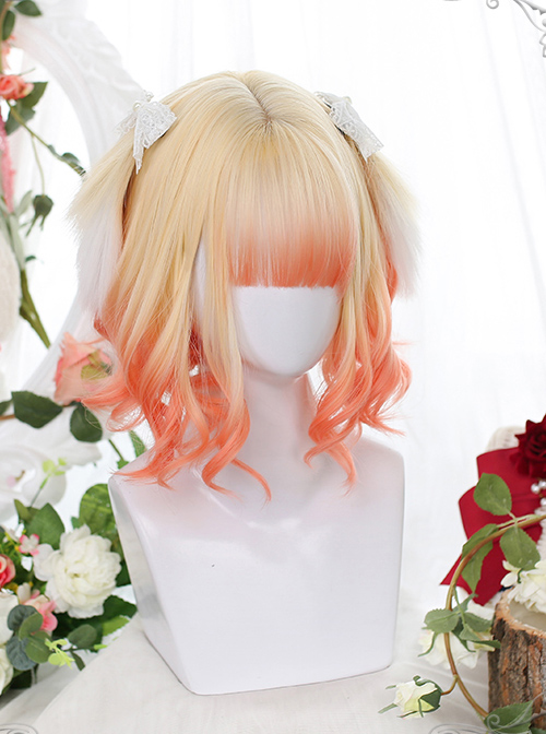 Cute Golden Orange Gradient Sweet Lolita Animal Ears Irregular Slightly Curly Wigs