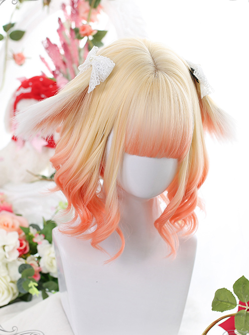 Cute Golden Orange Gradient Sweet Lolita Animal Ears Irregular Slightly Curly Wigs