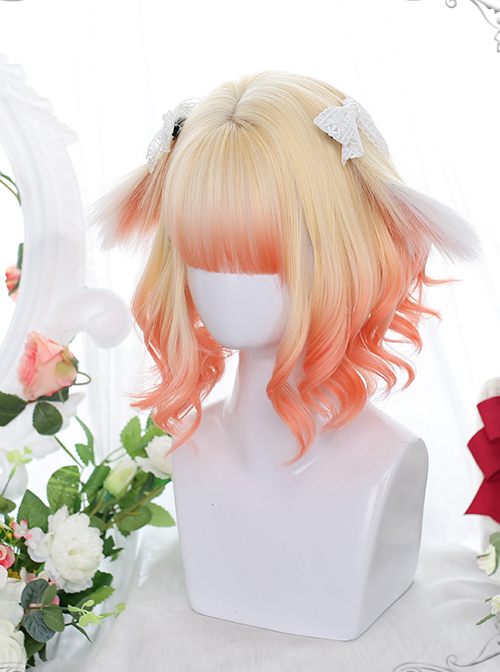 Cute Golden Orange Gradient Sweet Lolita Animal Ears Irregular Slightly Curly Wigs