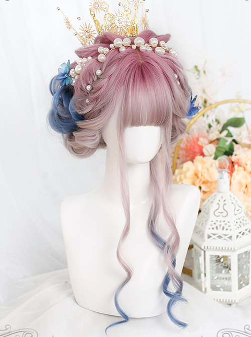 Pink Gradient Blue Long Natural Gentle Curly Wig Classic Lolita Wigs