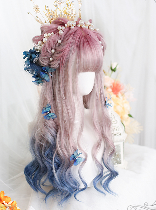 Pink Gradient Blue Long Natural Gentle Curly Wig Classic Lolita Wigs