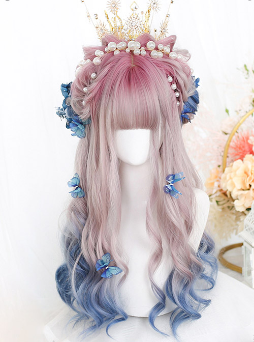 Pink Gradient Blue Long Natural Gentle Curly Wig Classic Lolita Wigs