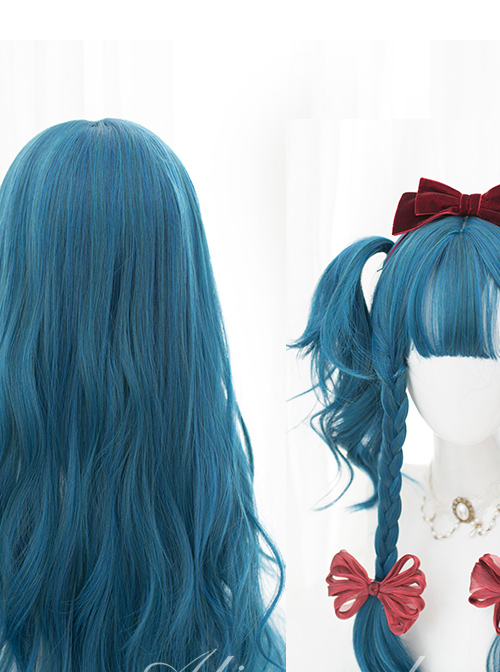 Harajuku Dark Blue Gradient Dark Peacock Green Classic Lolita Long Curly Wigs