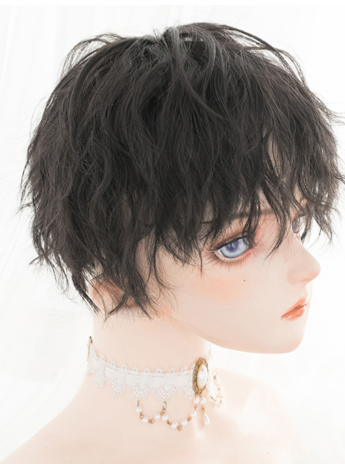 Black Fluffy Cute Boy Lolita Male Short Curly Wigs