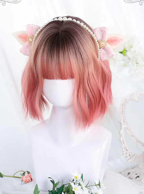 Pink Irregular Slightly Curly Wig Sweet Lolita Short Wigs