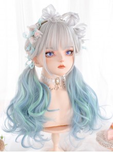 Gray Gradient Green Or Pink Sweet Lolita Long Curly Wigs