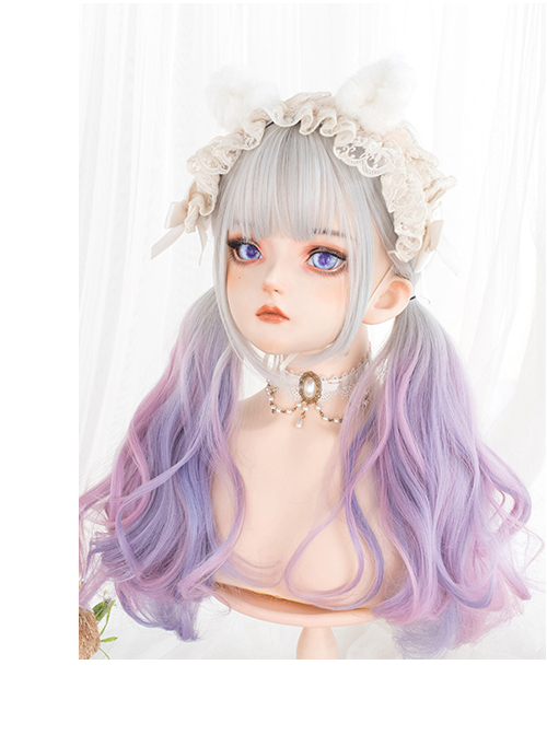 Gray Gradient Green Or Pink Sweet Lolita Long Curly Wigs