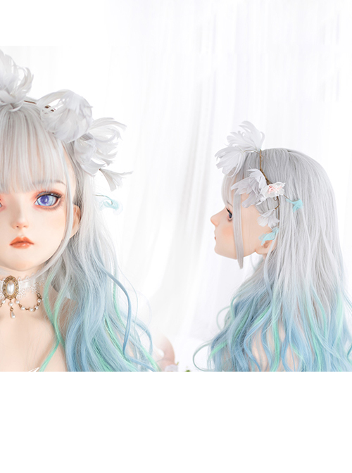 Gray Gradient Green Or Pink Sweet Lolita Long Curly Wigs