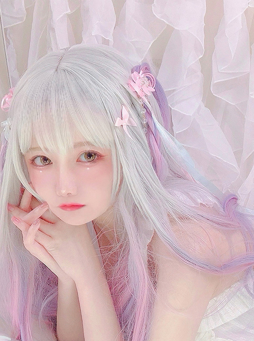 Gray Gradient Green Or Pink Sweet Lolita Long Curly Wigs