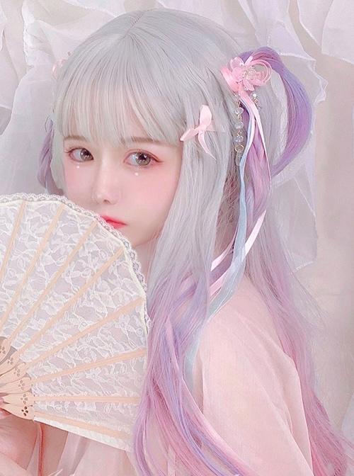 Gray Gradient Green Or Pink Sweet Lolita Long Curly Wigs