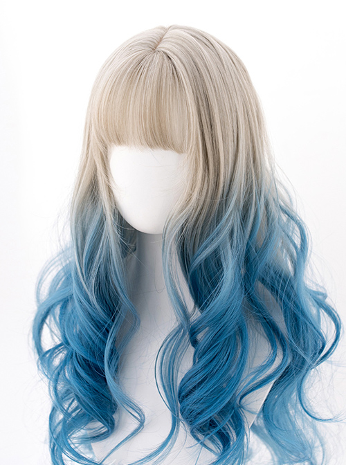 Silver Gradient Blue Classic Lolita Big Wave Long Curly Wigs