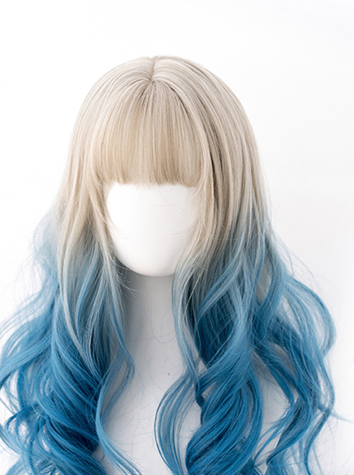 Silver Gradient Blue Classic Lolita Big Wave Long Curly Wigs