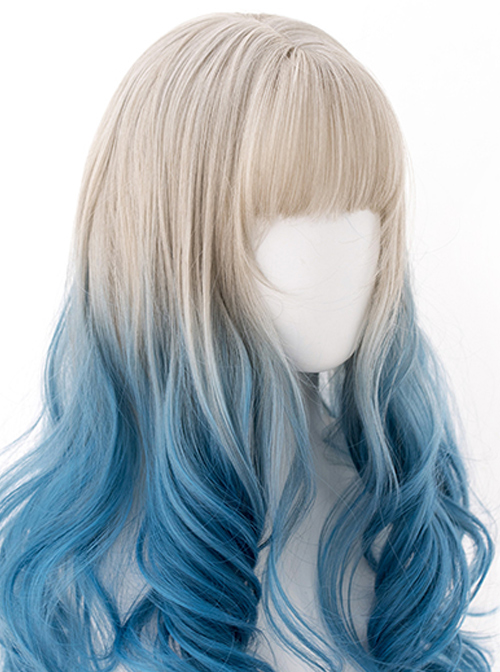 Silver Gradient Blue Classic Lolita Big Wave Long Curly Wigs