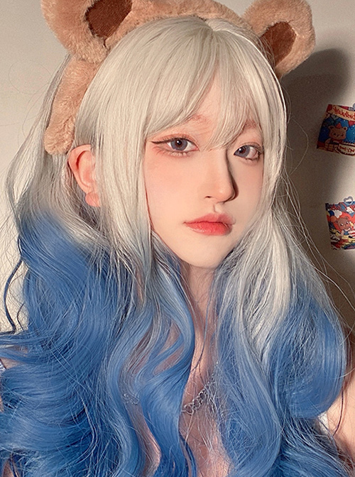 Silver Gradient Blue Classic Lolita Big Wave Long Curly Wigs