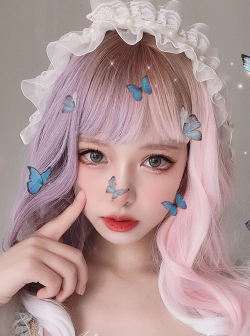 Pink Purple Gradient White Long Curly Wig Sweet Lolita Wigs