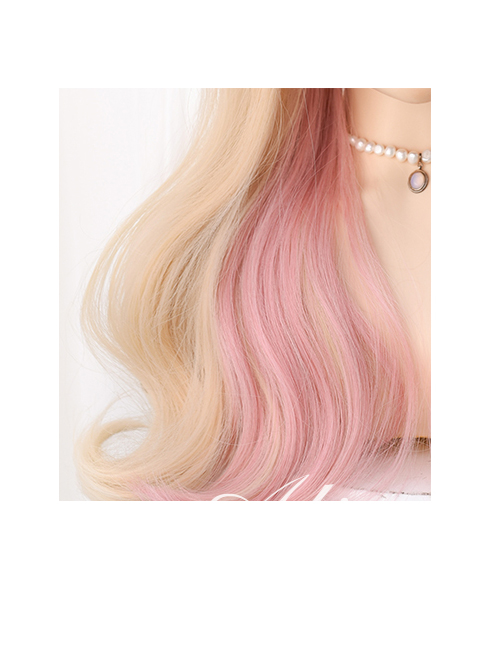 Light Golden Gradient Pink Long Curly Sweet Lolita Wigs