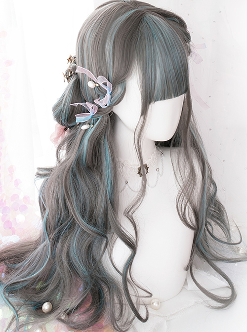 Gray Highlights Green Gradient Long Curly Classic Lolita Wigs