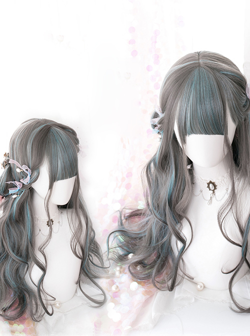 Gray Highlights Green Gradient Long Curly Classic Lolita Wigs