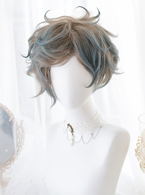 Flaxen Gradient Blue Sweet Lolita Short Curly Wigs