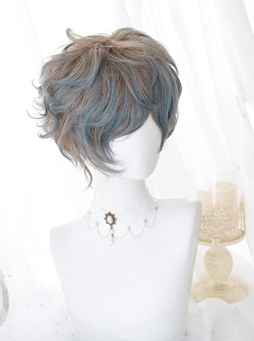 Flaxen Gradient Blue Sweet Lolita Short Curly Wigs