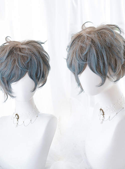 Flaxen Gradient Blue Sweet Lolita Short Curly Wigs