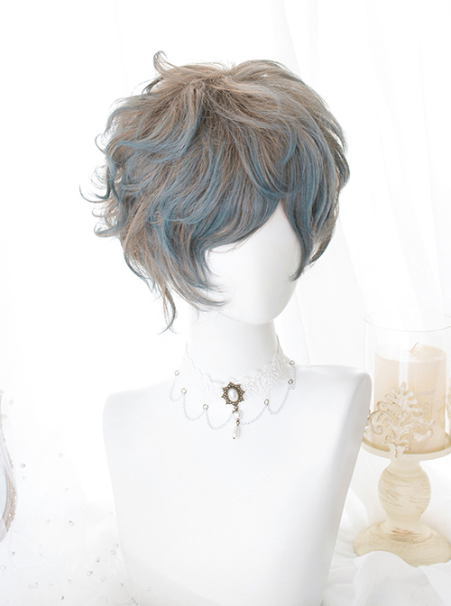 Flaxen Gradient Blue Sweet Lolita Short Curly Wigs