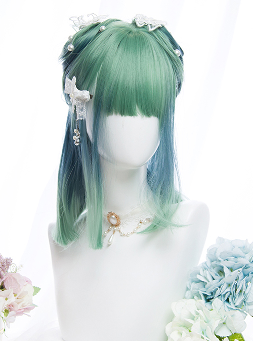 Cyan Blue Gradient Medium Length Straight Wig Sweet Lolita Wigs