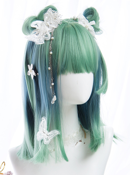 Cyan Blue Gradient Medium Length Straight Wig Sweet Lolita Wigs