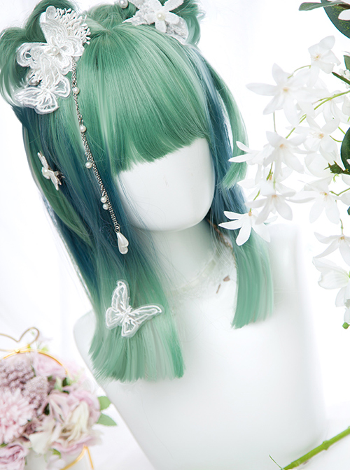 Cyan Blue Gradient Medium Length Straight Wig Sweet Lolita Wigs