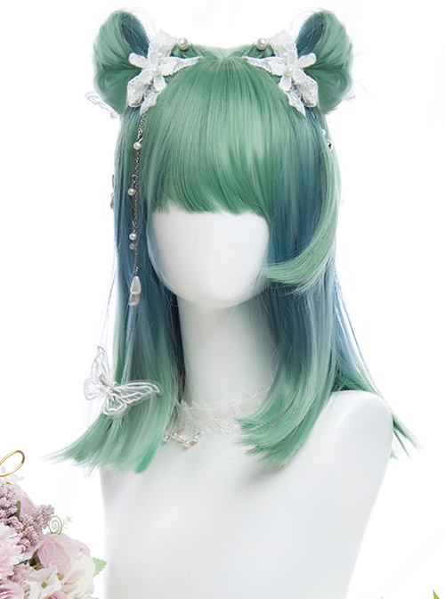 Cyan Blue Gradient Medium Length Straight Wig Sweet Lolita Wigs