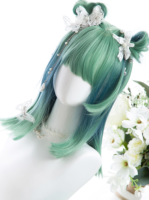 Cyan Blue Gradient Medium Length Straight Wig Sweet Lolita Wigs