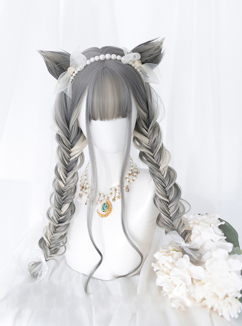 Gray Gradient Silver Long Curly Wig Sweet Lolita Wigs With Cat Ears Clips