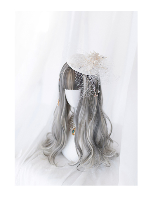 Gray Gradient Silver Long Curly Wig Sweet Lolita Wigs With Cat Ears Clips