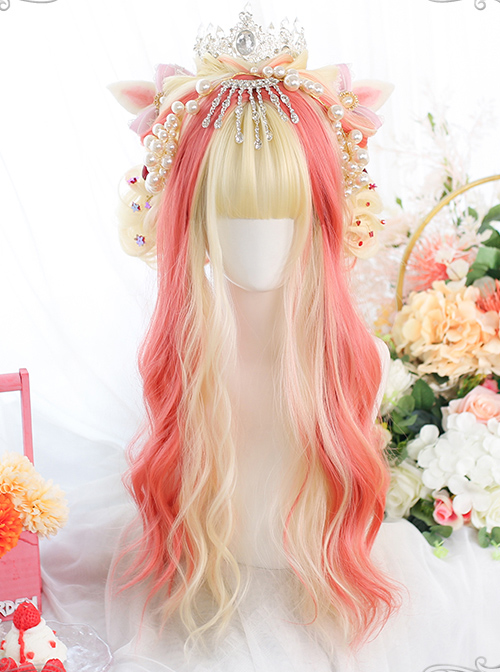 Golden Highlight Pink Long Curly Wig Classic Lolita Wigs