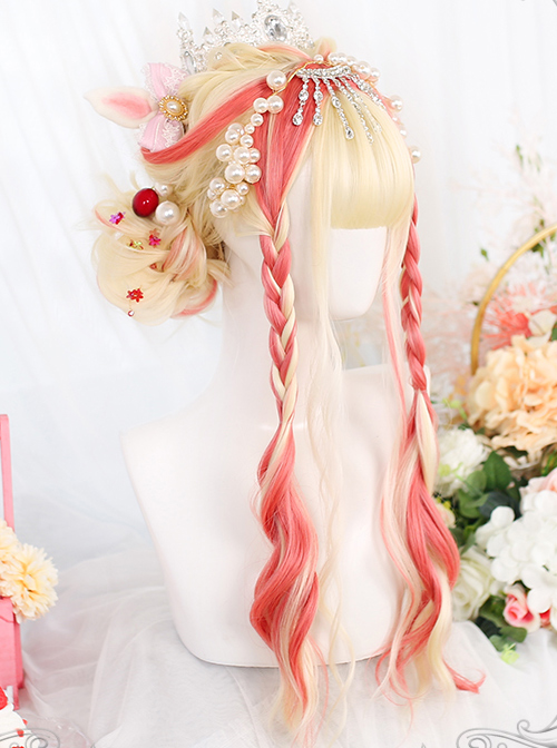 Golden Highlight Pink Long Curly Wig Classic Lolita Wigs