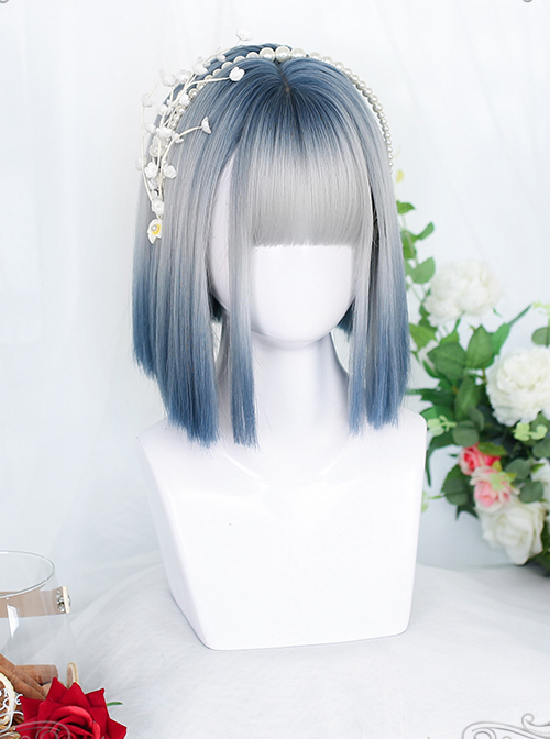 Gray Blue Natural Gradient Short Straight Wig Gothic Lolita Wigs